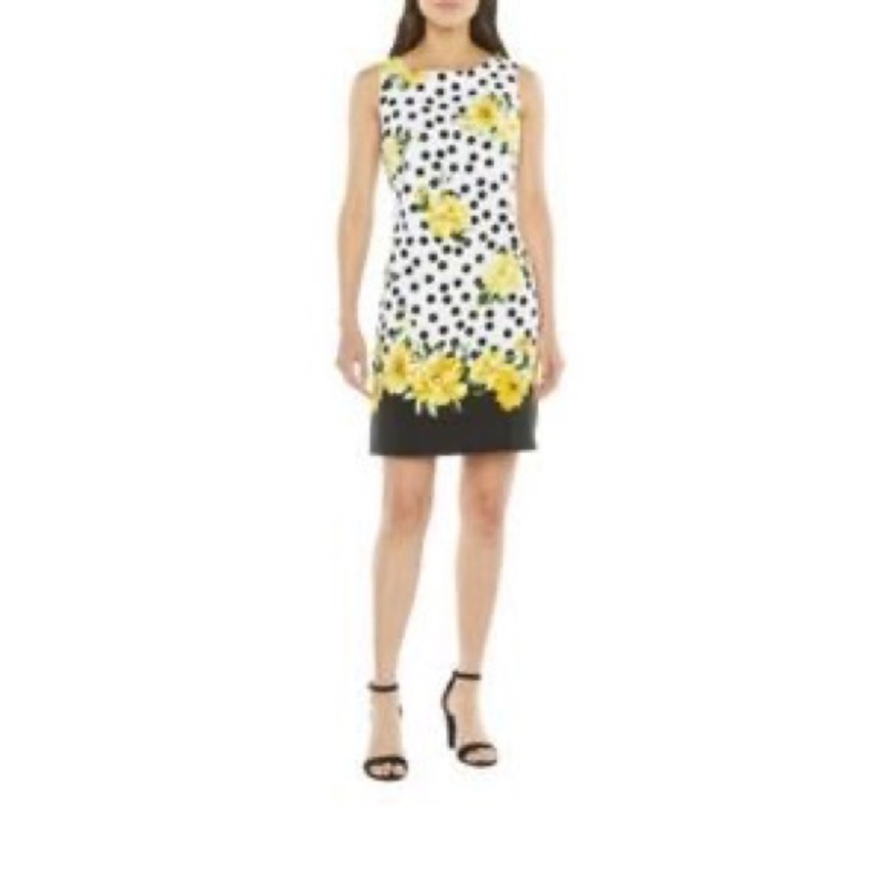 Women’s dress, white with black polka dots and yellow flowers